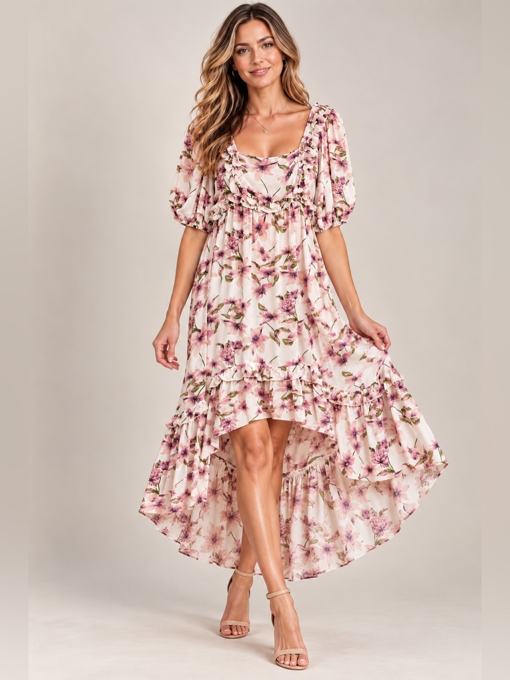 Umgee Floral High Low Maxi Dress Large Ruffle Smocked Boho NWT Rayon